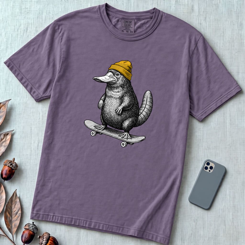 Skateboarding Platypus T-Shirt - Grape unfolded t-shirt mockup