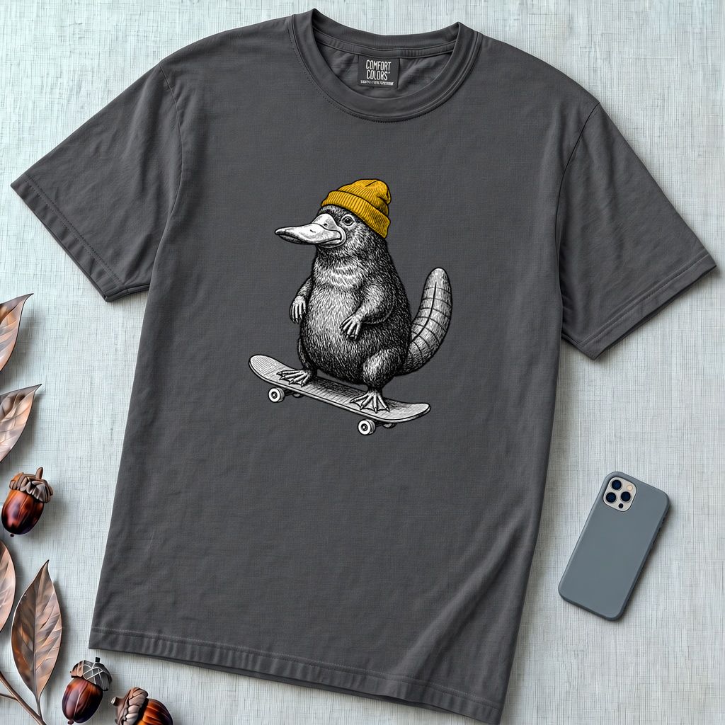 Skateboarding Platypus T-Shirt - Graphite unfolded t-shirt mockup