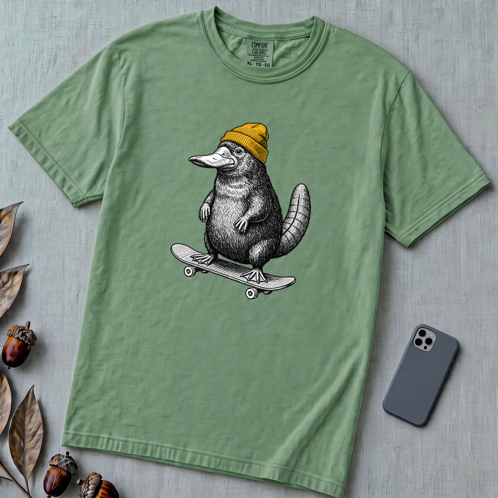 Skateboarding Platypus T-Shirt - Light Green unfolded t-shirt mockup