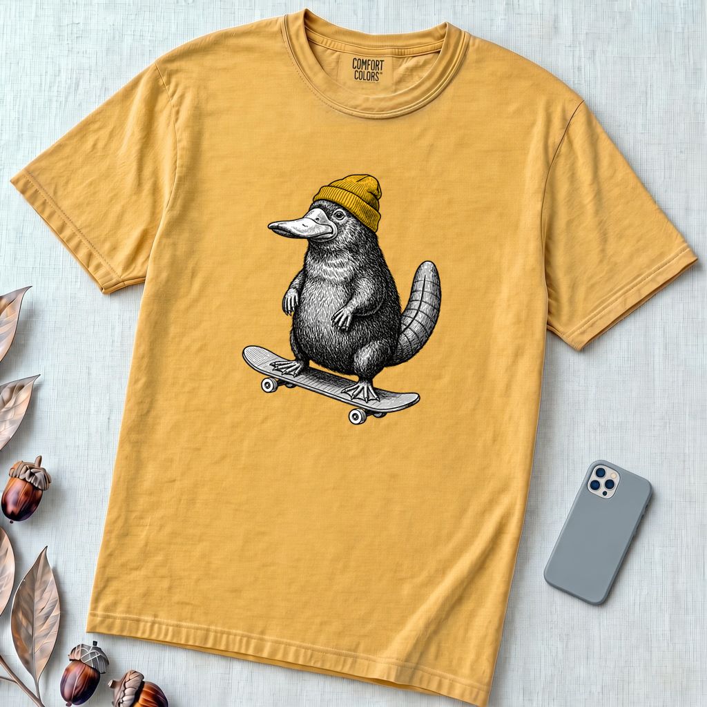 Skateboarding Platypus T-Shirt - Mustard unfolded t-shirt mockup
