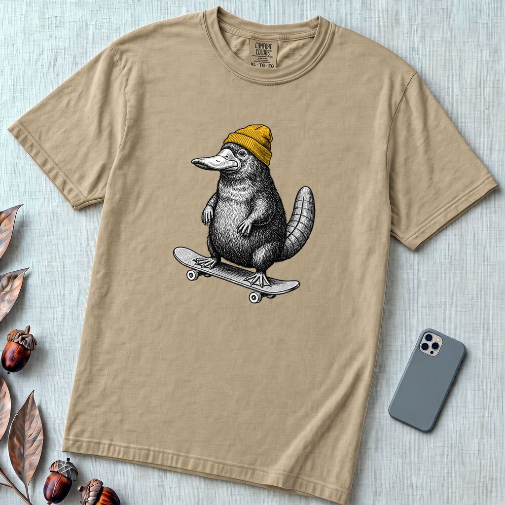Skateboarding Platypus T-Shirt - Sandstone unfolded t-shirt mockup