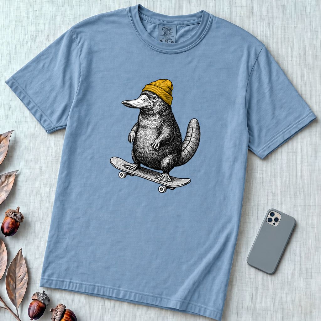 Skateboarding Platypus T-Shirt - Washed Denim unfolded t-shirt mockup