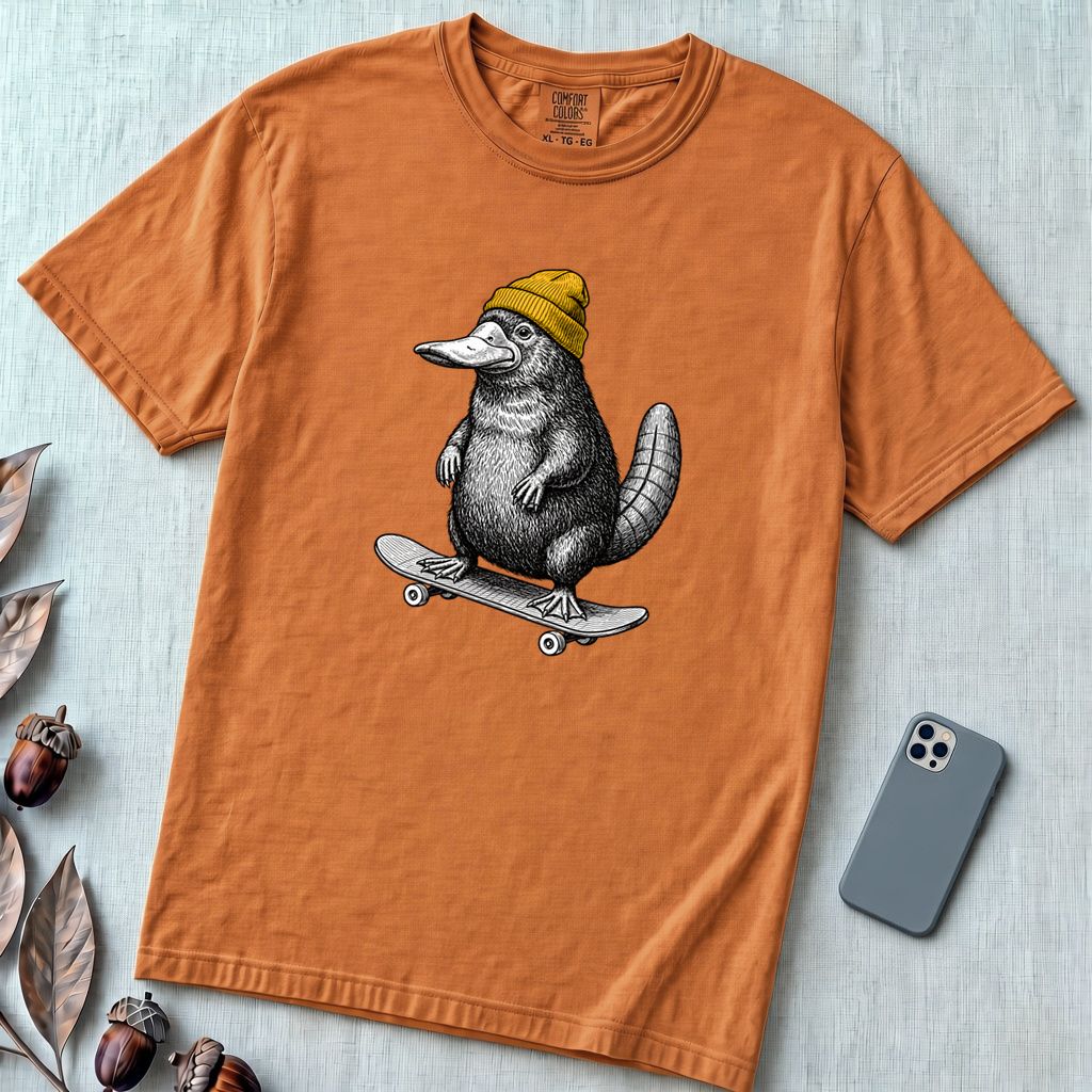 Skateboarding Platypus T-Shirt - Yam unfolded t-shirt mockup