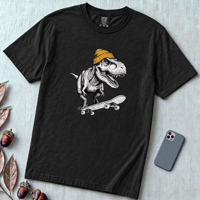 Skateboarding T Rex Sk8 Shirt - Prehistoric Skater Graphic Tee - Black unfolded t-shirt mockup