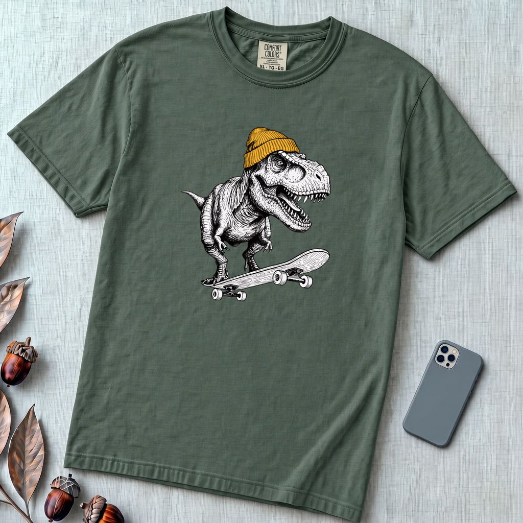Skateboarding T Rex Sk8 Shirt - Prehistoric Skater Graphic Tee - Blue Spruce unfolded t-shirt mockup