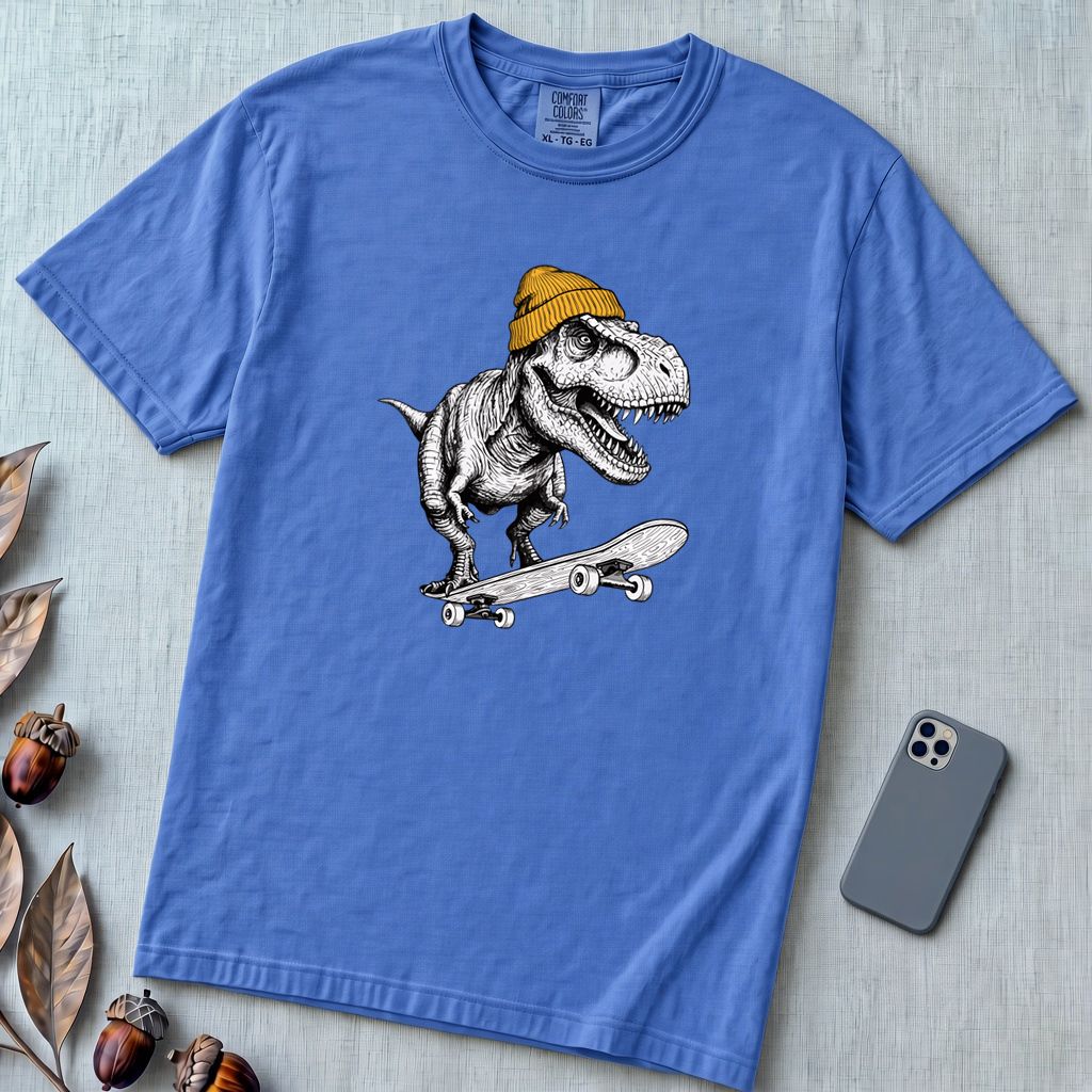 Skateboarding T Rex Sk8 Shirt - Prehistoric Skater Graphic Tee - Flo Blue unfolded t-shirt mockup