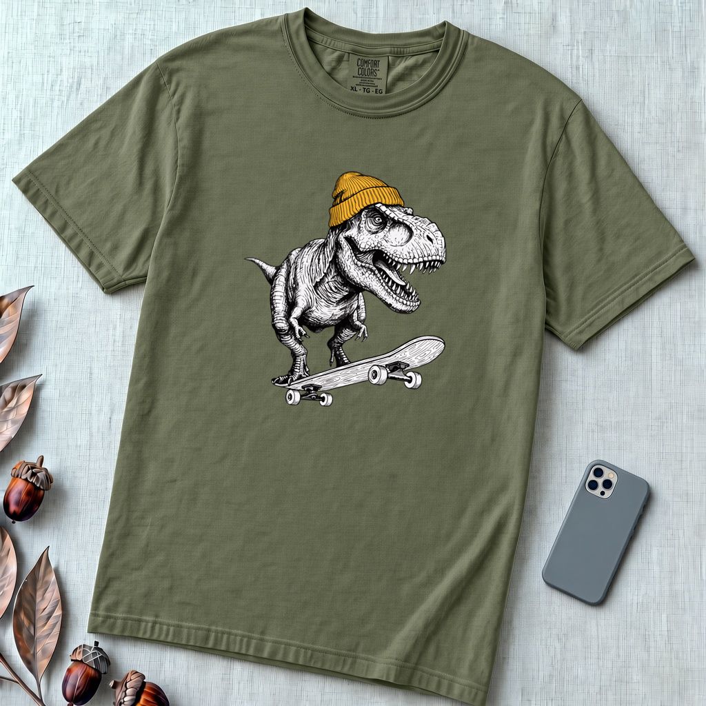 Skateboarding T Rex Sk8 Shirt - Prehistoric Skater Graphic Tee - Hemp unfolded t-shirt mockup