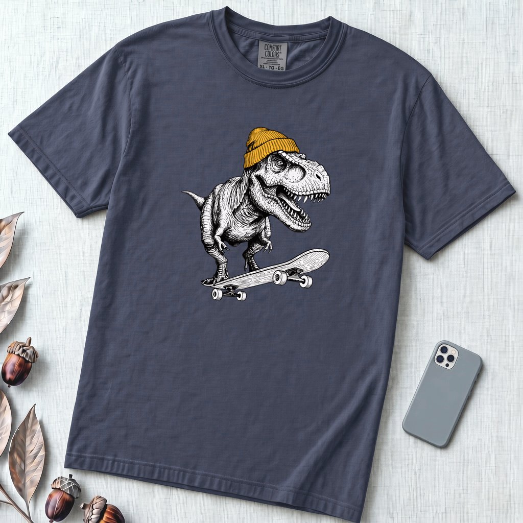 Skateboarding T Rex Sk8 Shirt - Prehistoric Skater Graphic Tee - Navy unfolded t-shirt mockup
