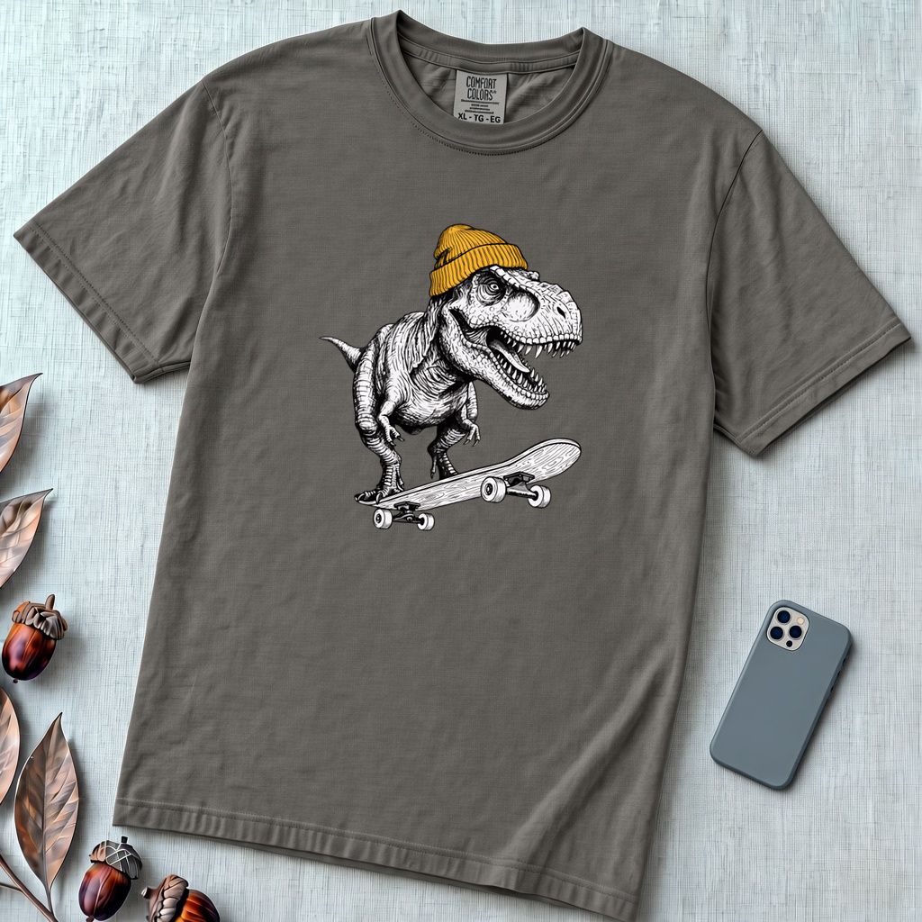 Skateboarding T Rex Sk8 Shirt - Prehistoric Skater Graphic Tee - Pepper unfolded t-shirt mockup
