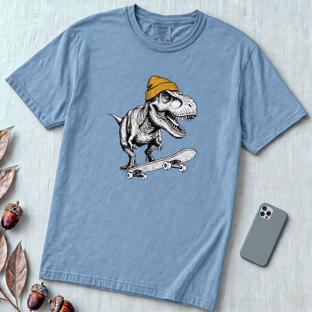 Skateboarding T Rex Sk8 Shirt - Prehistoric Skater Graphic Tee - Washed Denim unfolded t-shirt mockup