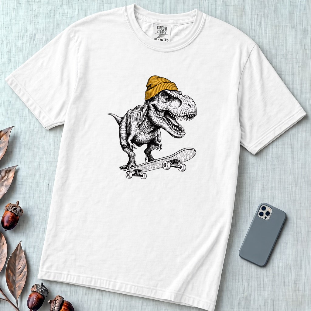 Skateboarding T Rex Sk8 Shirt - Prehistoric Skater Graphic Tee - White unfolded t-shirt mockup