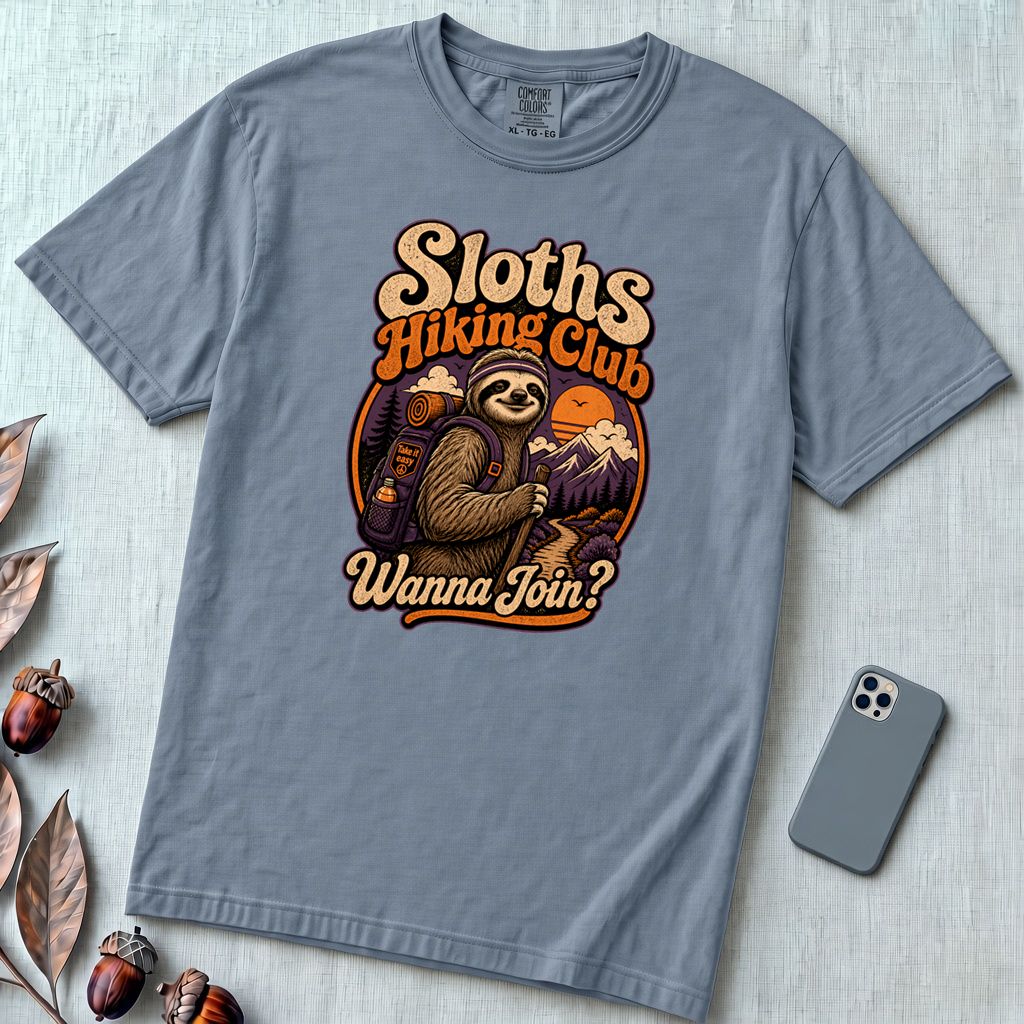 Sloths Hiking Club T-Shirt - Blue Jean unfolded t-shirt mockup
