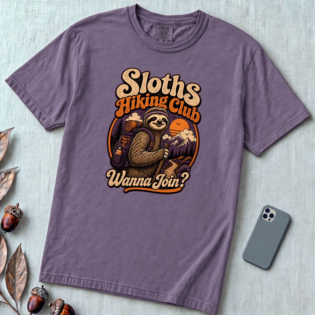 Sloths Hiking Club T-Shirt - Grape unfolded t-shirt mockup