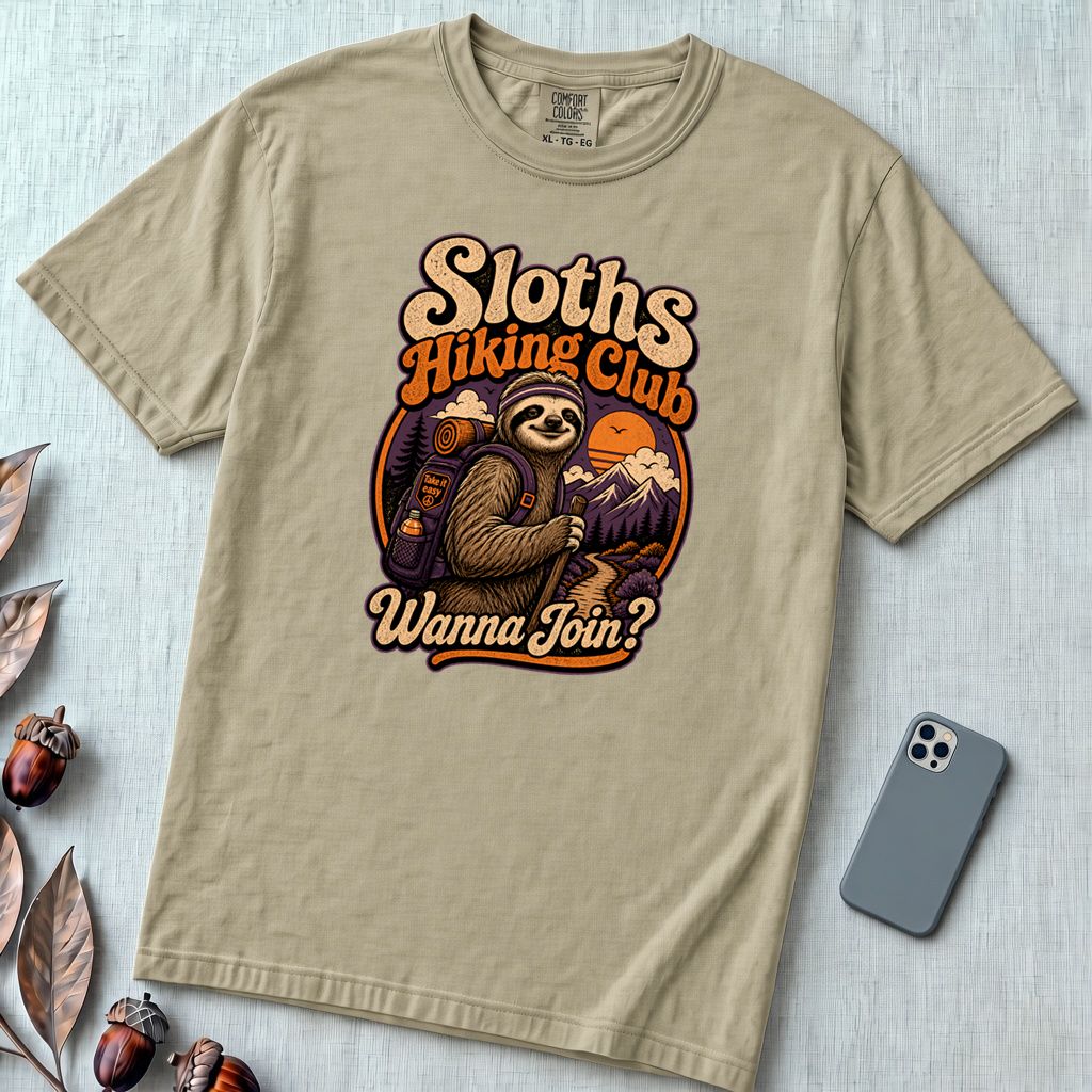 Sloths Hiking Club T-Shirt - Khaki unfolded t-shirt mockup