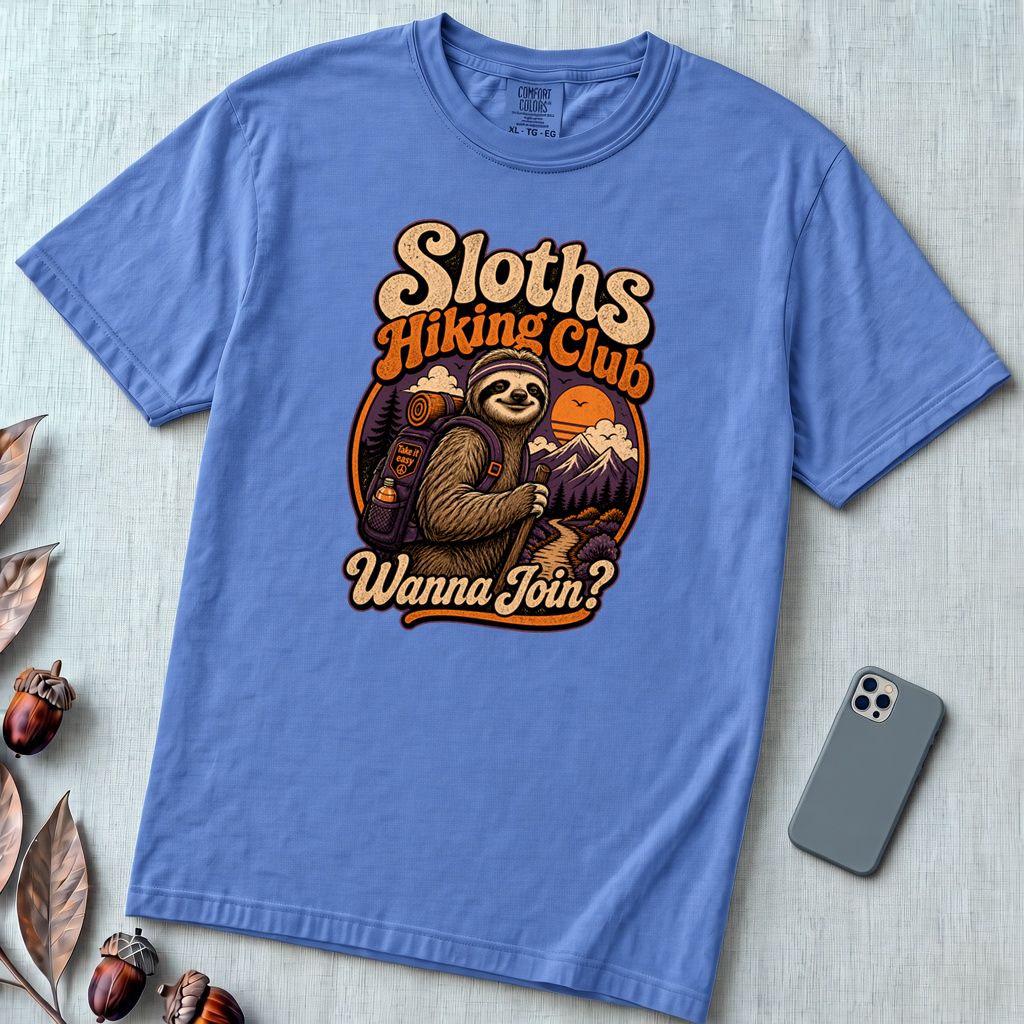 Sloths Hiking Club T-Shirt - Mystic Blue unfolded t-shirt mockup