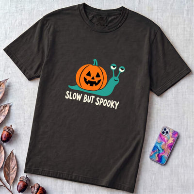 Slow But Spooky Halloween Snail T-Shirt - Black unfolded t-shirt mockup