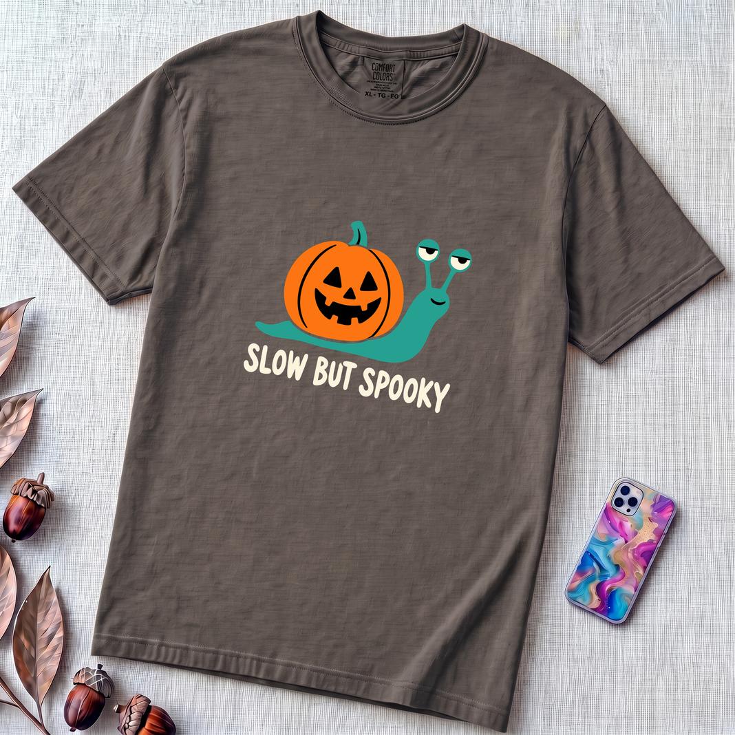 Slow But Spooky Halloween Snail T-Shirt - Graphite unfolded t-shirt mockup