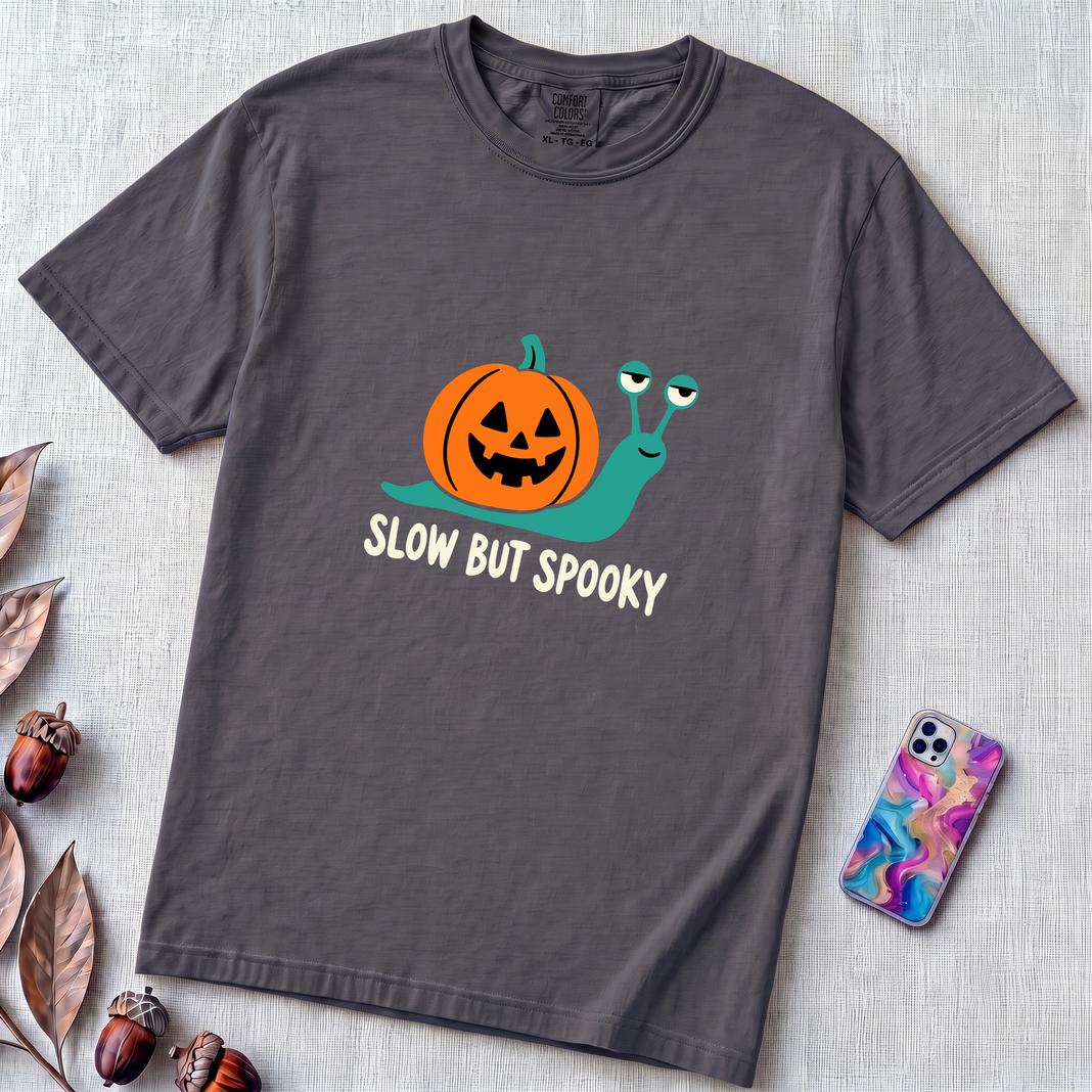 Slow But Spooky Halloween Snail T-Shirt - Navy unfolded t-shirt mockup