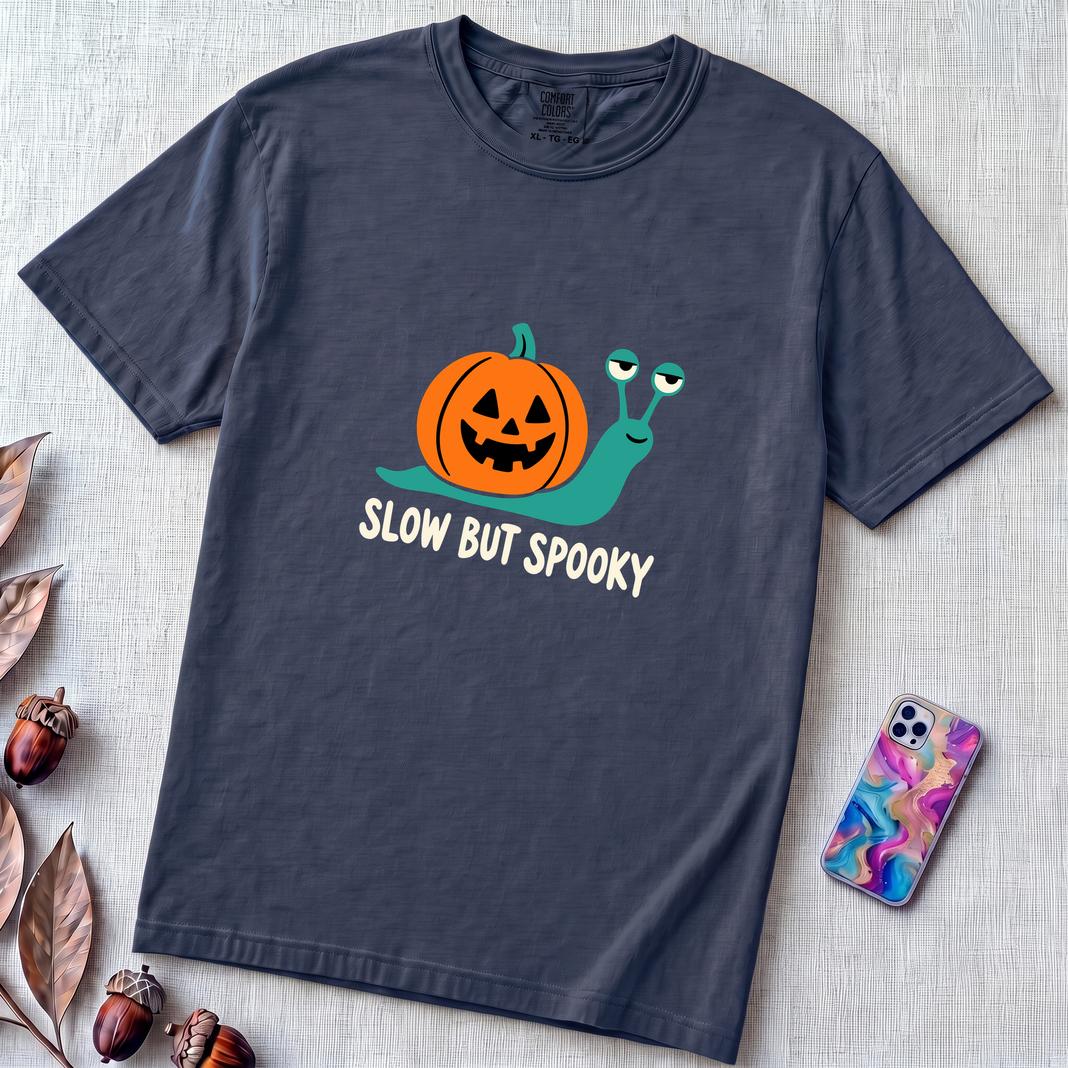 Slow But Spooky Halloween Snail T-Shirt - True Navy unfolded t-shirt mockup