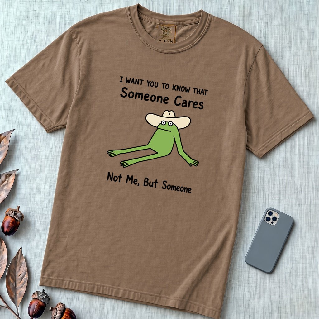 Someone Cares - Not Me, But Someone, funny frog T-Shirt - Espresso unfolded t-shirt mockup