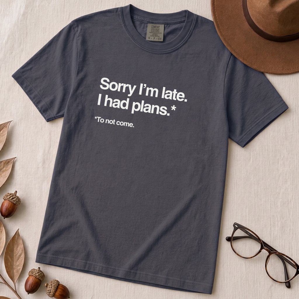 Sorry I’m Late T-Shirt for Introverts - Navy unfolded t-shirt mockup