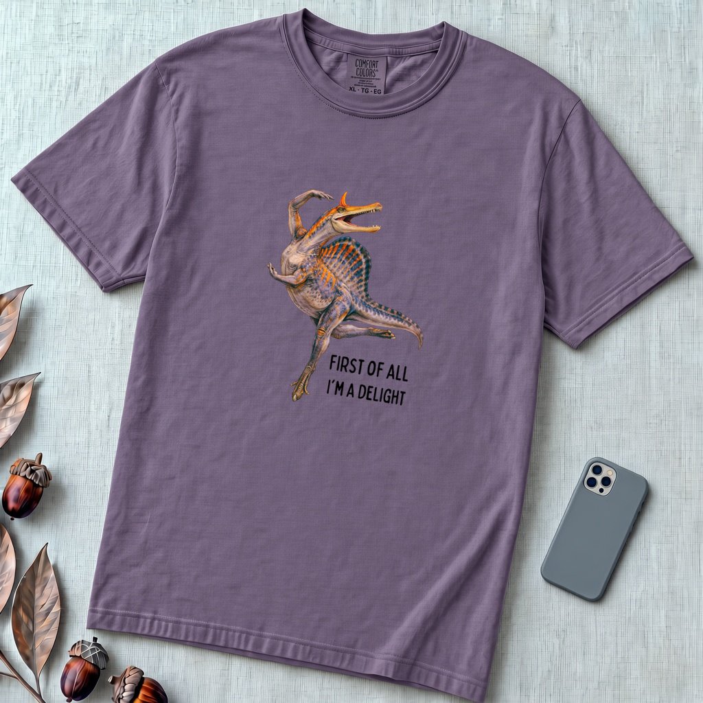 Spinosaurus Mirabilis "First Of All I'm A Delight" T-Shirt - Grape unfolded t-shirt mockup