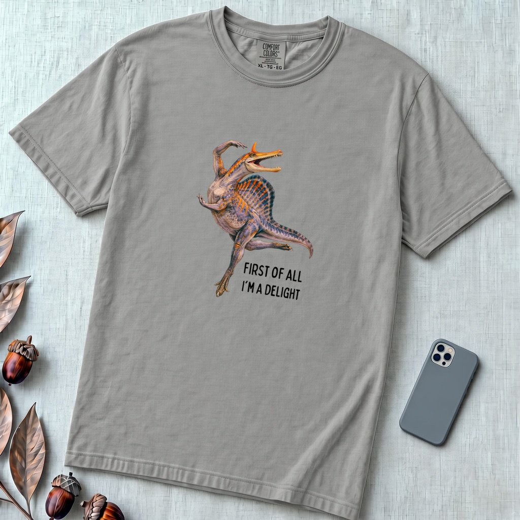 Spinosaurus Mirabilis "First Of All I'm A Delight" T-Shirt - Grey unfolded t-shirt mockup