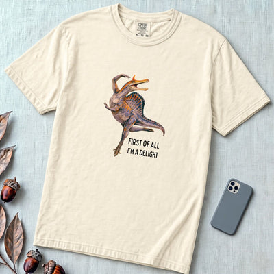 Spinosaurus Mirabilis "First Of All I'm A Delight" T-Shirt - Ivory unfolded t-shirt mockup