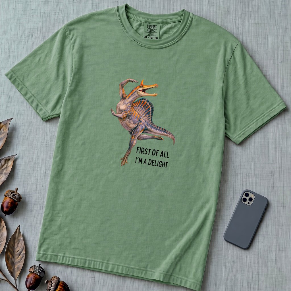 Spinosaurus Mirabilis "First Of All I'm A Delight" T-Shirt - Light Green unfolded t-shirt mockup