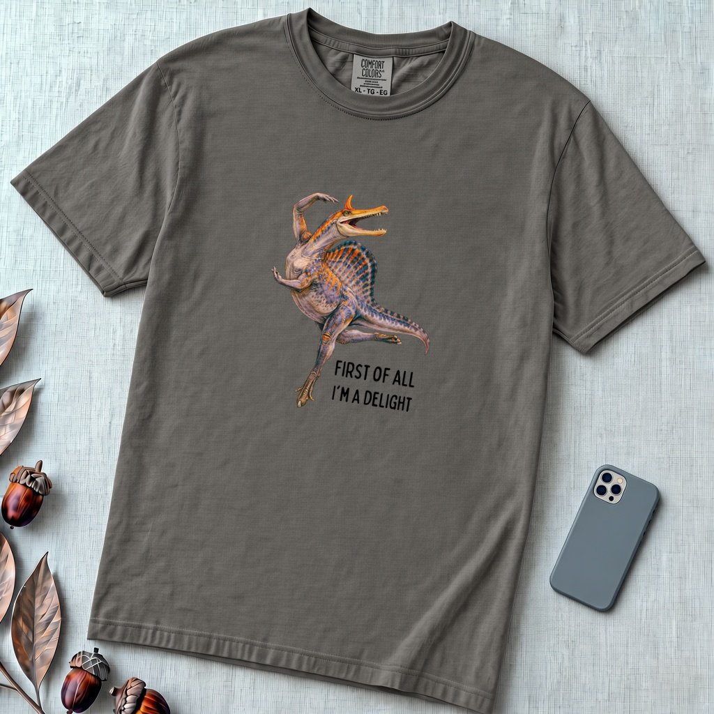 Spinosaurus Mirabilis "First Of All I'm A Delight" T-Shirt - Pepper unfolded t-shirt mockup