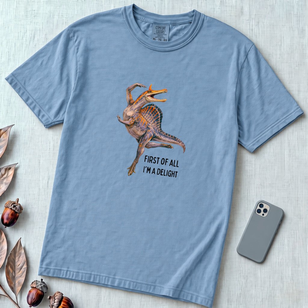 Spinosaurus Mirabilis "First Of All I'm A Delight" T-Shirt - Washed Denim unfolded t-shirt mockup