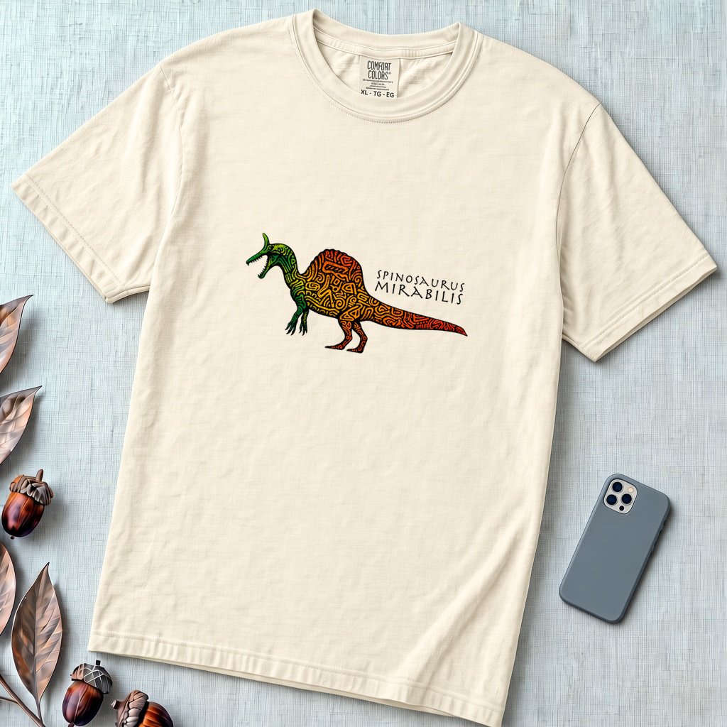 Spinosaurus Mirabilis Rainbow Tribal T-shirt - Ivory unfolded t-shirt mockup