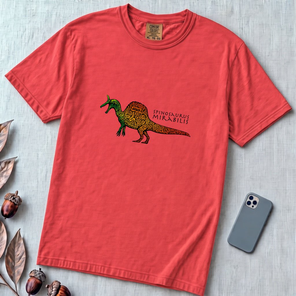 Spinosaurus Mirabilis Rainbow Tribal T-shirt - Paprika unfolded t-shirt mockup