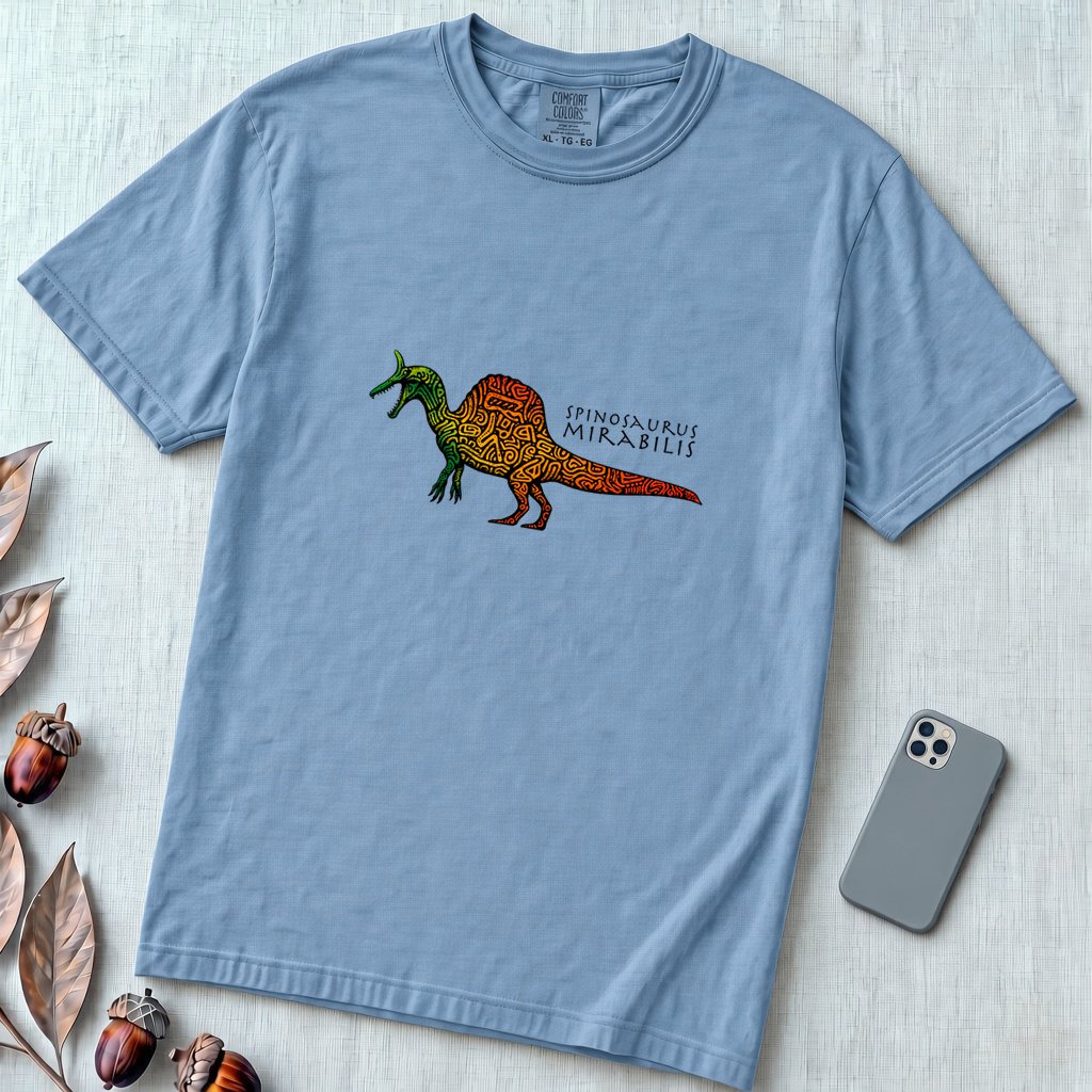 Spinosaurus Mirabilis Rainbow Tribal T-shirt - Washed Denim unfolded t-shirt mockup