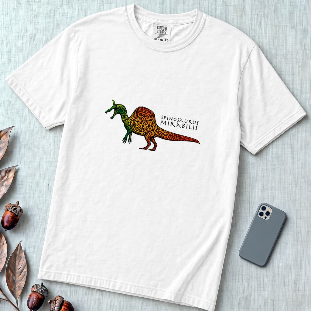 Spinosaurus Mirabilis Rainbow Tribal T-shirt - White unfolded t-shirt mockup