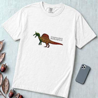 Spinosaurus Mirabilis Rainbow Tribal T-shirt - White unfolded t-shirt mockup