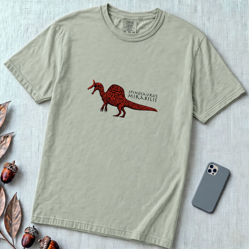 Spinosaurus Mirabilis T-Shirt - Wearable Dinosaur Art - Bay unfolded t-shirt mockup