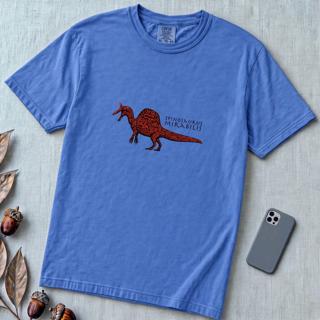 Spinosaurus Mirabilis T-Shirt - Wearable Dinosaur Art - Flo Blue unfolded t-shirt mockup