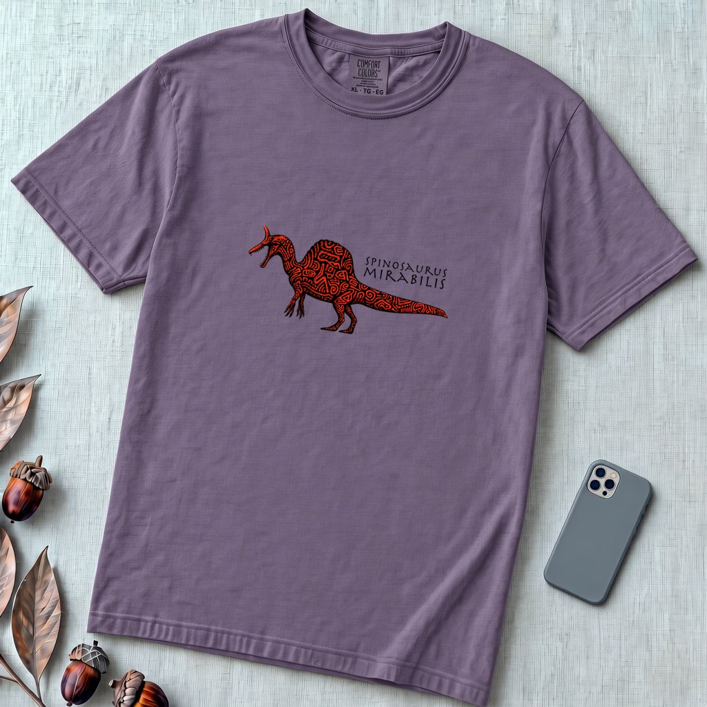 Spinosaurus Mirabilis T-Shirt - Wearable Dinosaur Art - Grape unfolded t-shirt mockup
