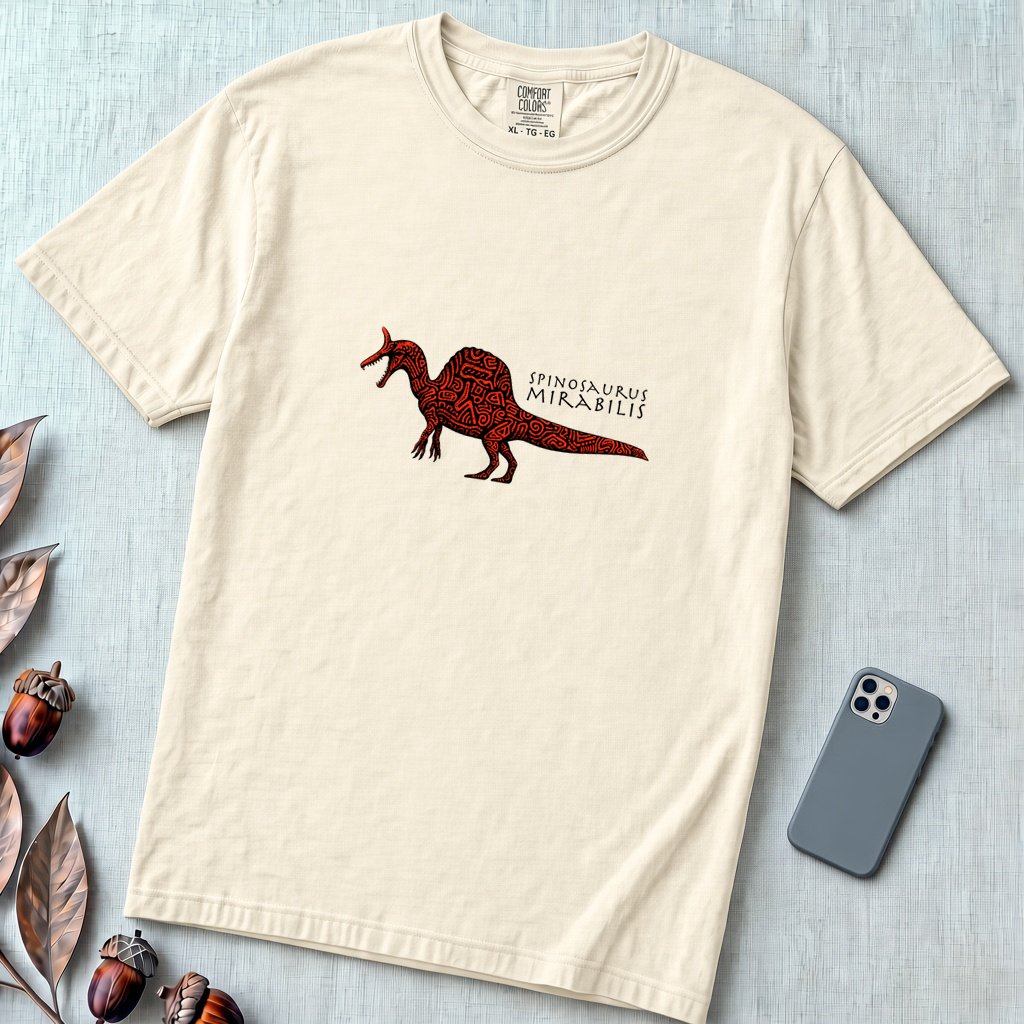 Spinosaurus Mirabilis T-Shirt - Wearable Dinosaur Art - Ivory unfolded t-shirt mockup