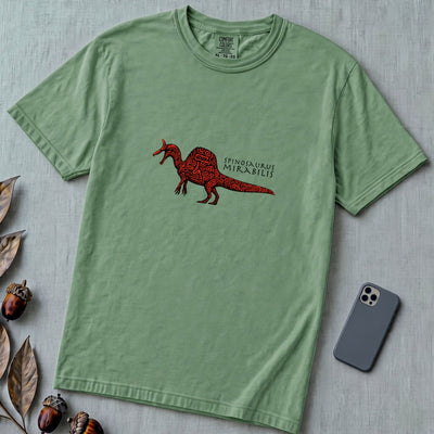 Spinosaurus Mirabilis T-Shirt - Wearable Dinosaur Art - Light Green unfolded t-shirt mockup