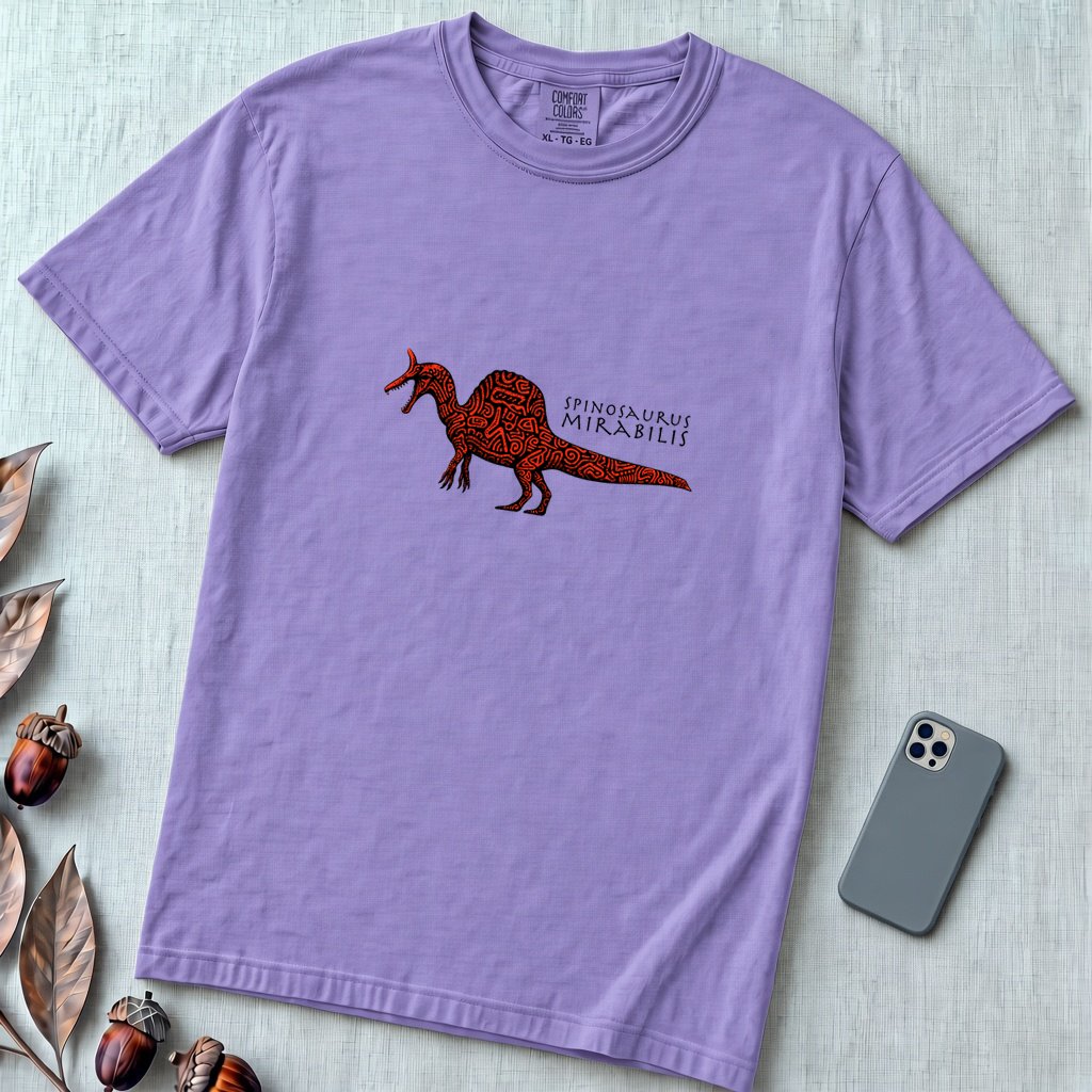 Spinosaurus Mirabilis T-Shirt - Wearable Dinosaur Art - Violet unfolded t-shirt mockup