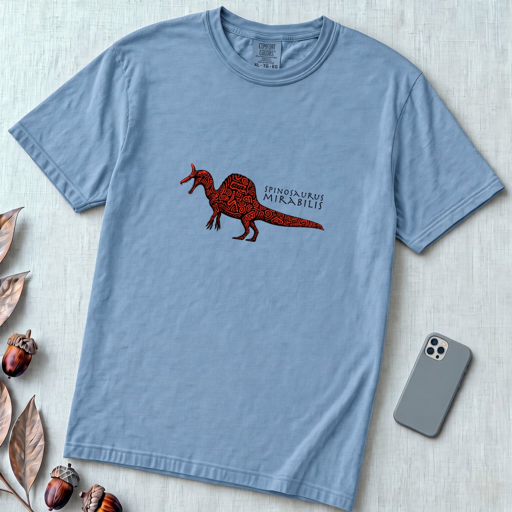 Spinosaurus Mirabilis T-Shirt - Wearable Dinosaur Art - Washed Denim unfolded t-shirt mockup