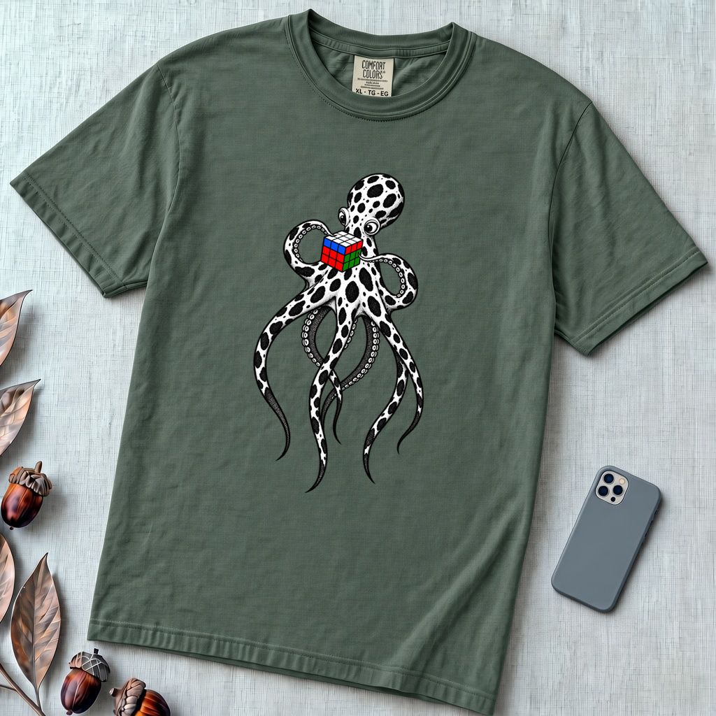 Spotted Octopus Rubik's Cube T-Shirt - Blue Spruce unfolded t-shirt mockup