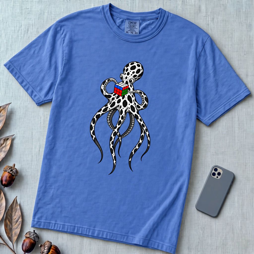 Spotted Octopus Rubik's Cube T-Shirt - Flo Blue unfolded t-shirt mockup