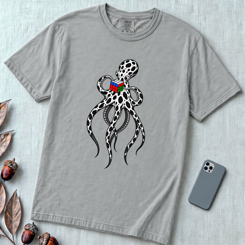 Spotted Octopus Rubik's Cube T-Shirt - Granite unfolded t-shirt mockup