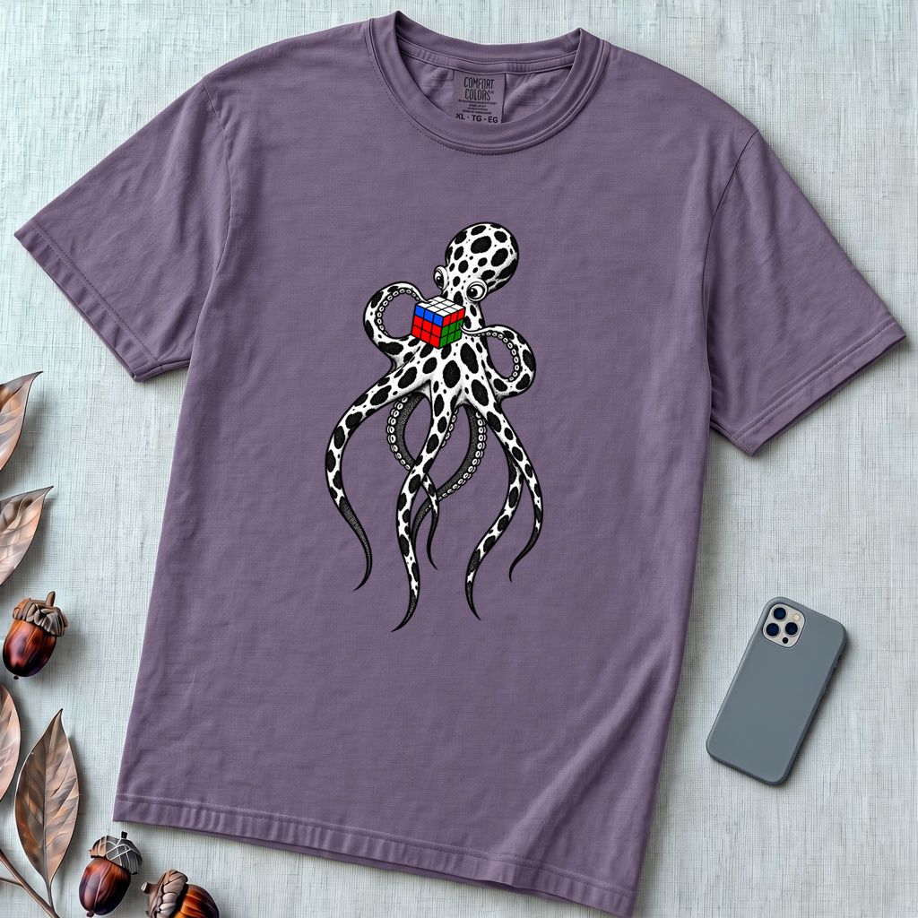 Spotted Octopus Rubik's Cube T-Shirt - Grape unfolded t-shirt mockup