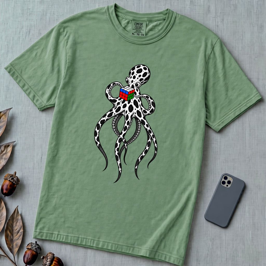 Spotted Octopus Rubik's Cube T-Shirt - Light Green unfolded t-shirt mockup