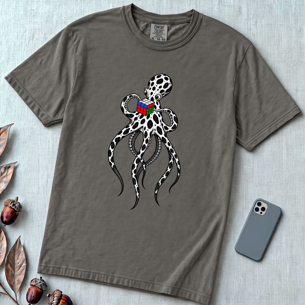 Spotted Octopus Rubik's Cube T-Shirt - Pepper unfolded t-shirt mockup