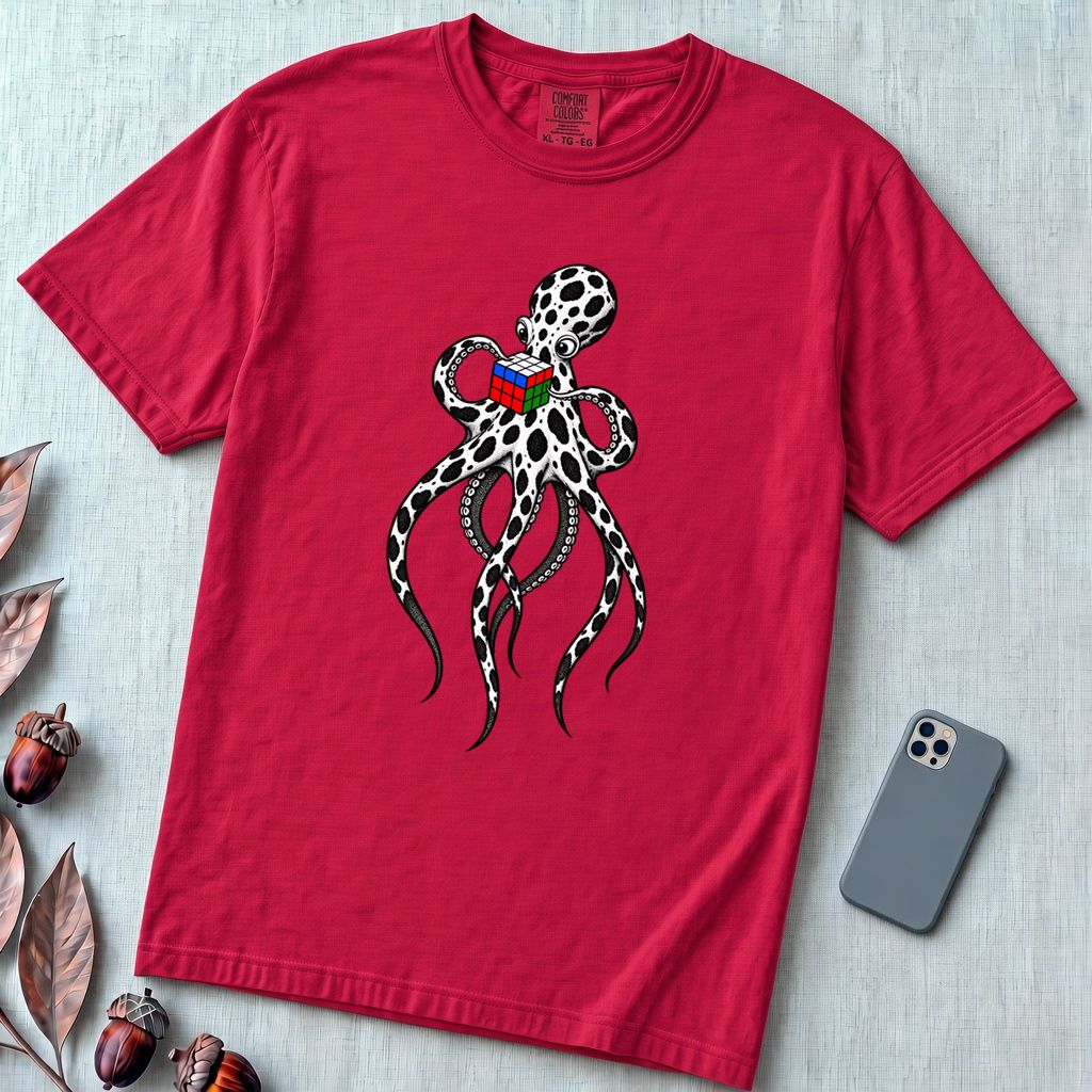 Spotted Octopus Rubik's Cube T-Shirt - Red unfolded t-shirt mockup